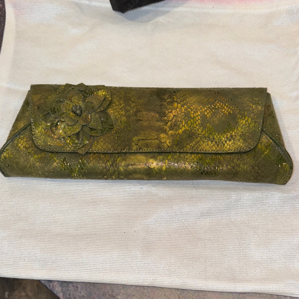 Chic Olive Green Clutch with Floral Accent